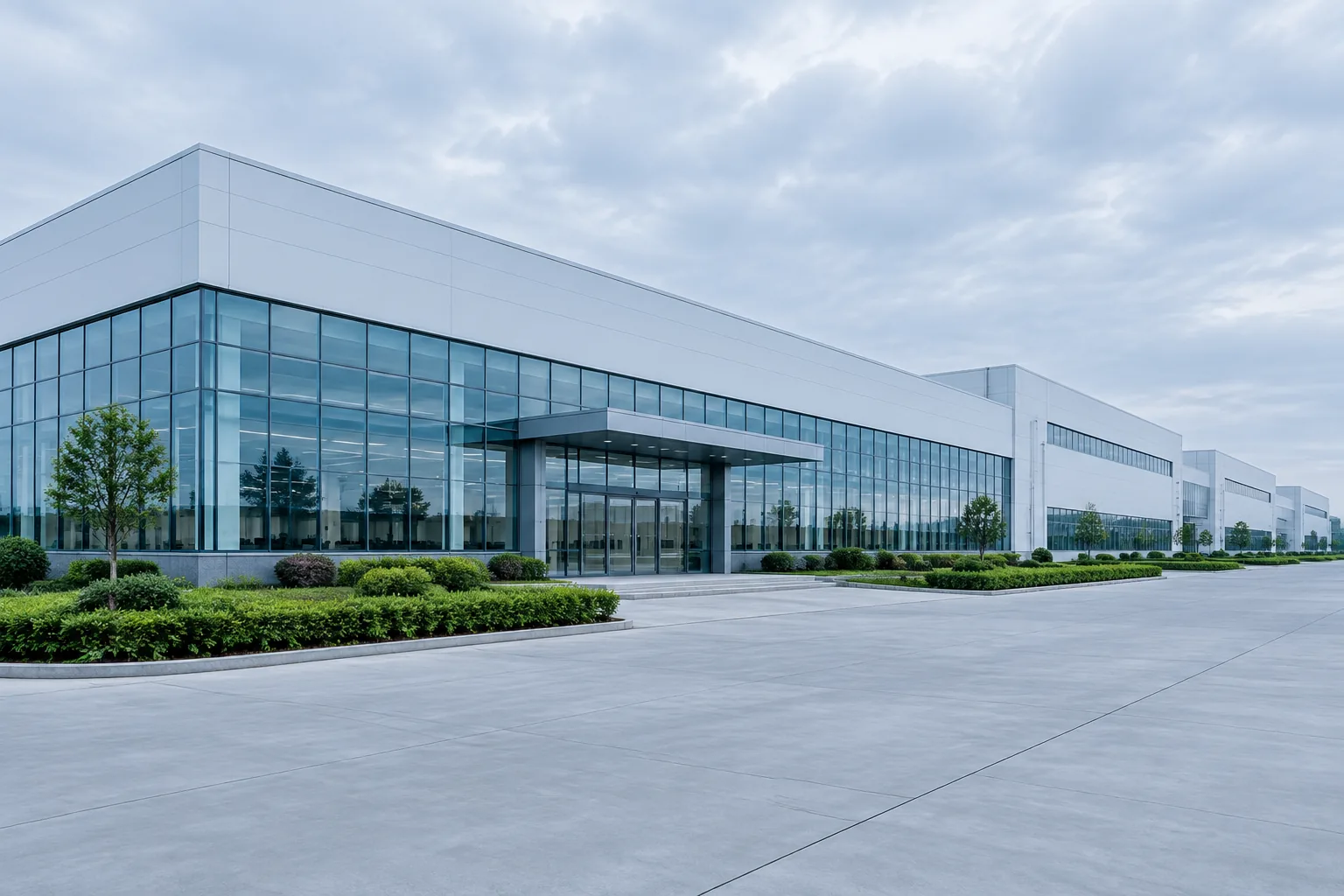 Modern medical manufacturing facility with landscaped grounds