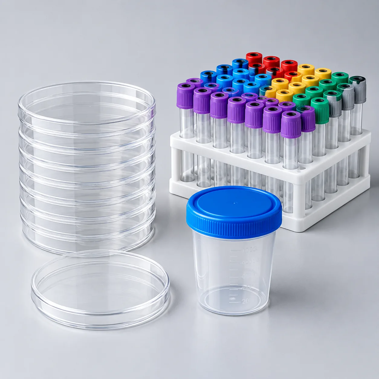 Laboratory petri dishes, sample container and blood collection tubes