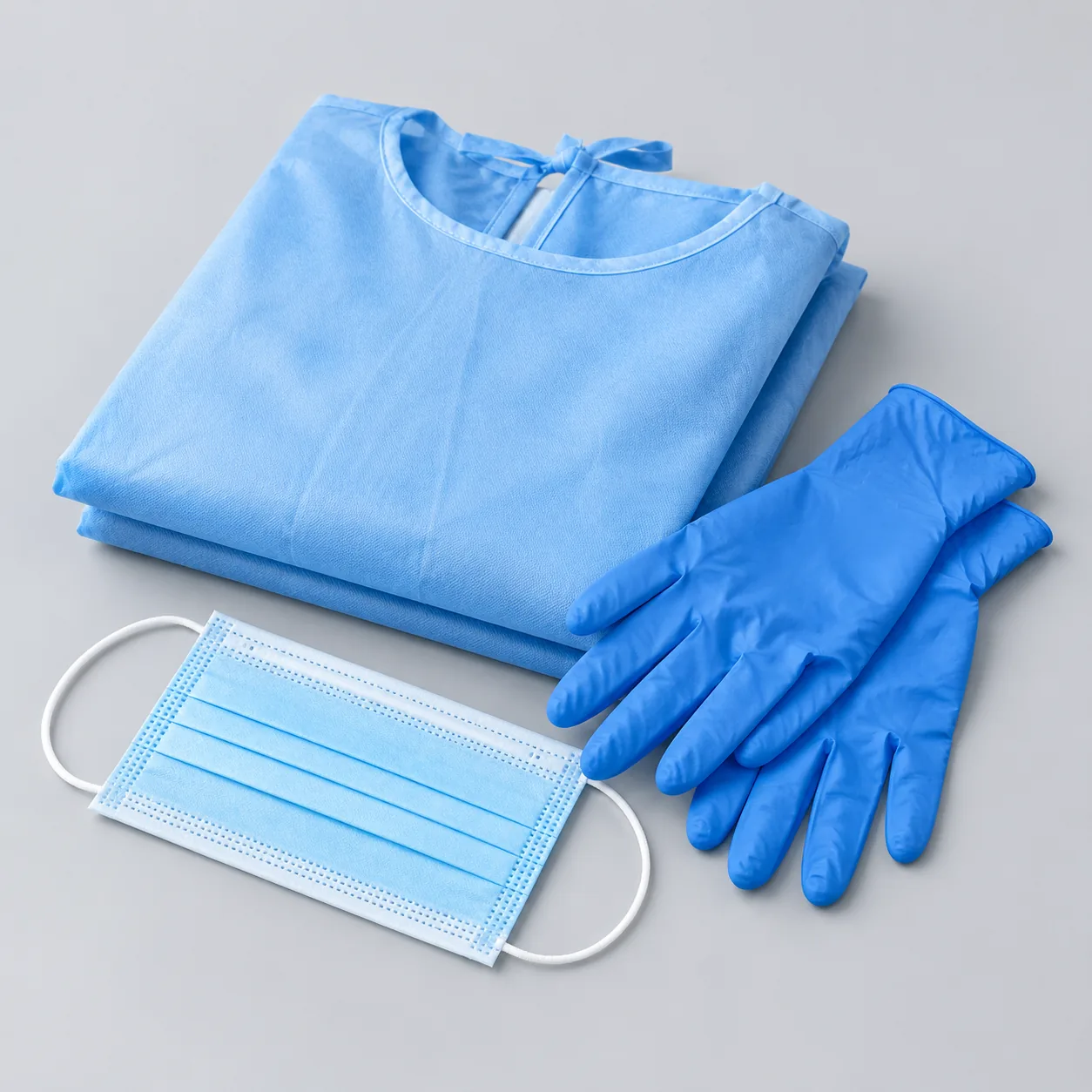 Blue protective gown, examination gloves and disposable mask