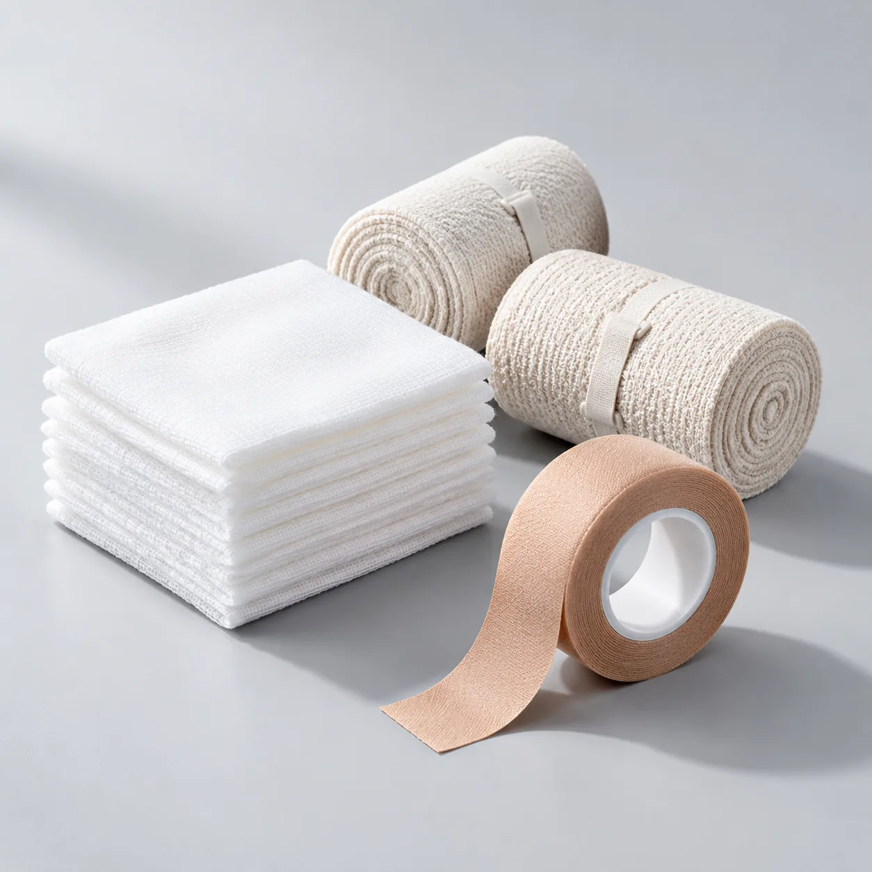 Medical bandages, gauze, dressings and adhesive tape