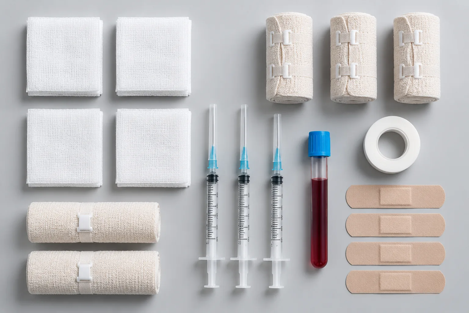 A coordinated range of bandages, syringes, dressings and laboratory tubes